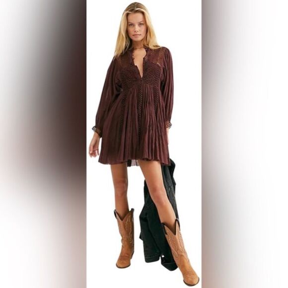 Free People - Karma Brown Eyelet Mini Dress - Picture 1 of 7